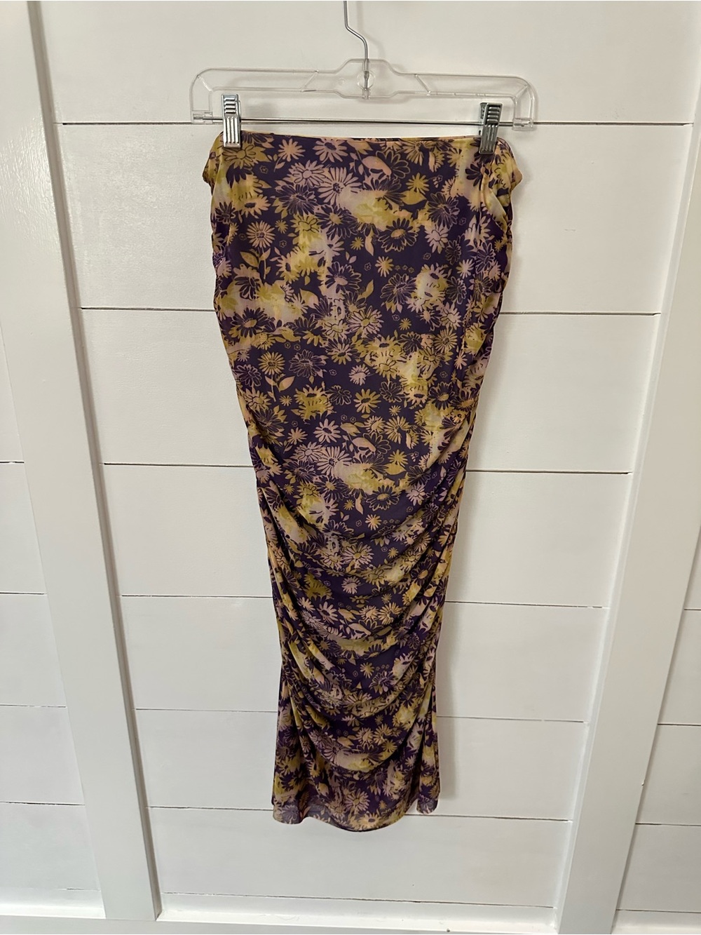 Anthropologie M Purple-yellow floral ruched stretch elastic waist midi skirt - Picture 4 of 11